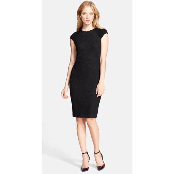 Tory Burch Kiersten Body-Con Dress Size Medium Black Jacquard Cap Sleeve - Picture 1 of 11